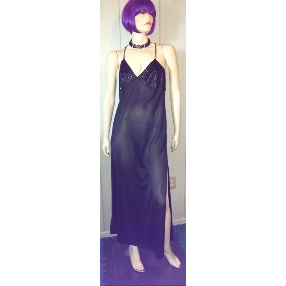 ⭐️DISCO DIVA Vintage 70s Sparkling Glitter Glam Black Slip Dress Maxi Gown